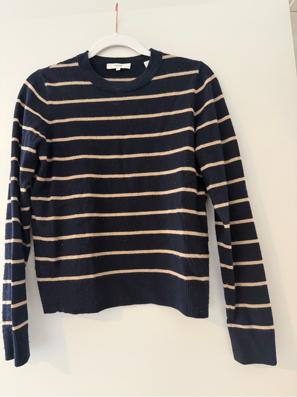 Vince Navy and Beige Striped Crewneck Sweater